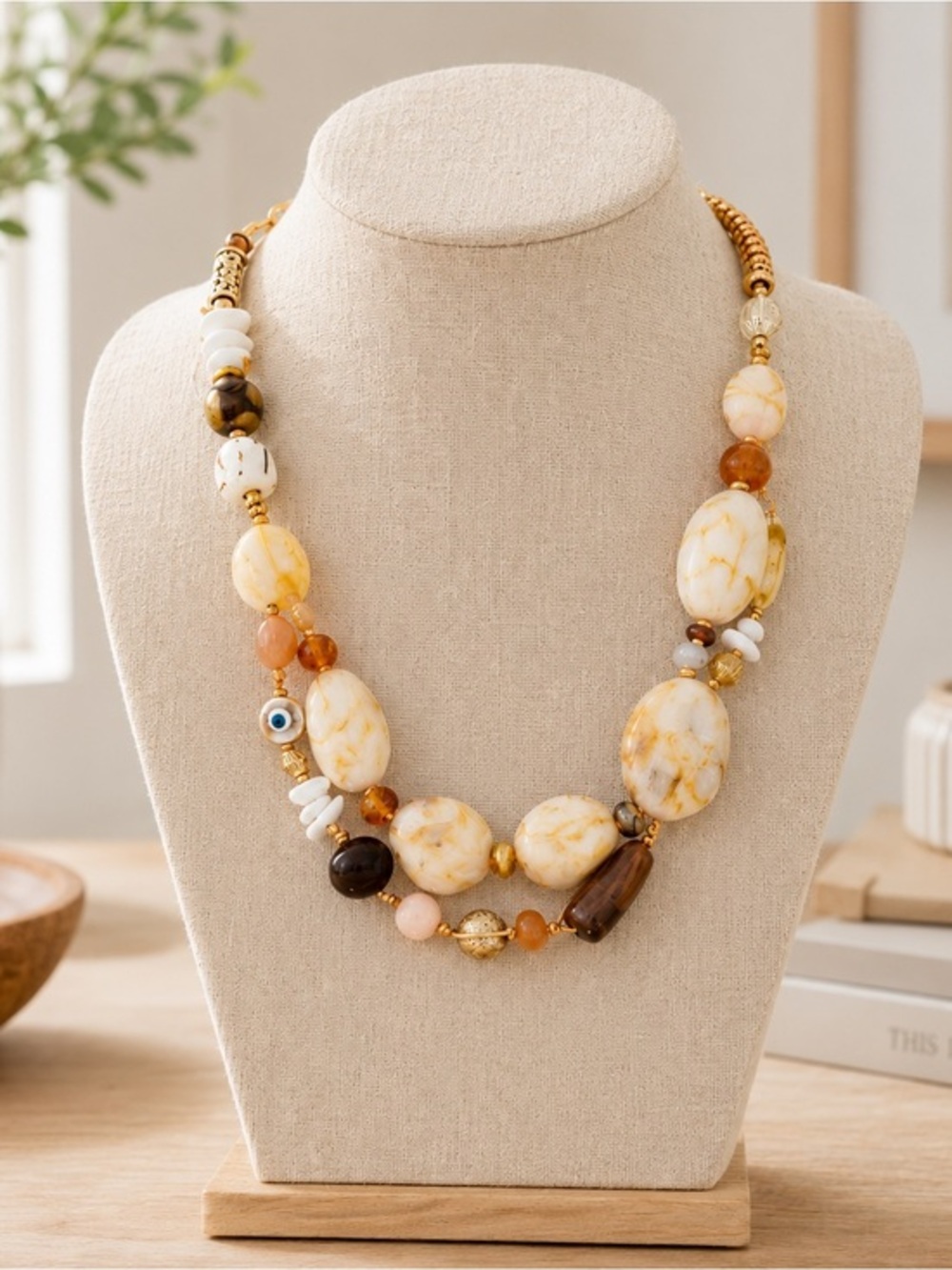 Free People Marbled Cream and Gold Beaded Double Strand Necklace